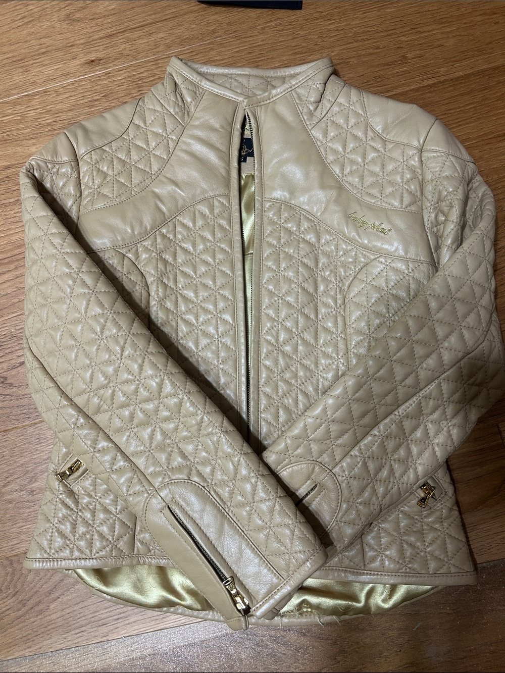 VINTAGE Baby Phat Quilted Beige Leather Jacket with Gold Hardware